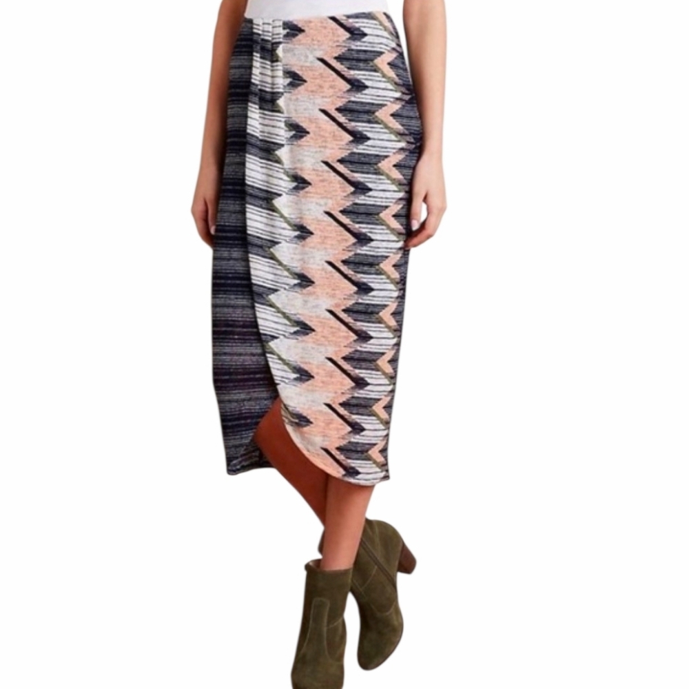 Maeve Anthropologie Plata Pull-on Ikat Knit Stretch Midi Skirt Sz Med Blue Peach